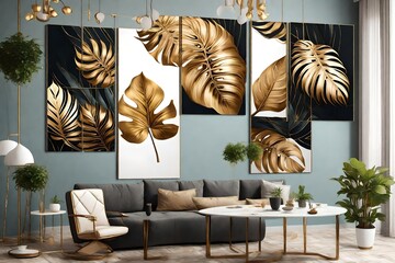 A set of 3 canvases for wall decoration in the living room, office, bedroom, kitchen, office. Home decor of the walls. Luxurious floral background with golden leaves monstera. Element for design