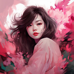 Oriental woman, girl in pink color. Graphic, art. AI generative