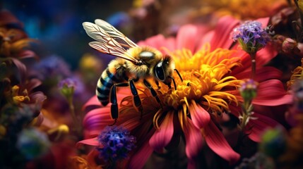 A bee, drawn to a colorful flower, partaking in the nectar's sweet embrace.