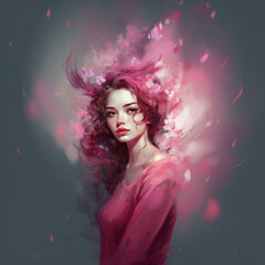 Obraz na płótnie Canvas Beautiful girl with curly hail in pink color, illustration. AI generative
