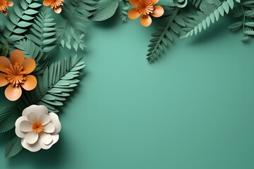 Paper cut flowers on green background with copy space. Mocup, paper art and craft style