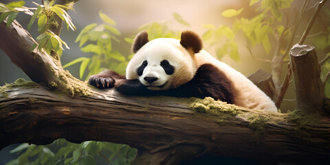 A panda bear is sleeping on a tree branch..Beautiful Animal wallpaper,AI Generative 