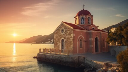 This is a photo of the old Greek Orthodox church of Saint John at sunset on Samos town, Greece. - obrazy, fototapety, plakaty