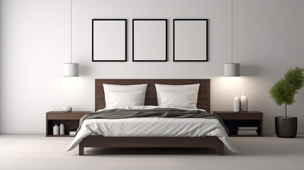 Perspective of modern bedroom with picture frame and white hanging lamp, Interior idea generative ai