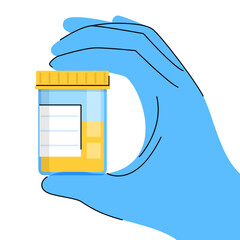 Hand in blue glove holding container with urine sample vector isolated. Concept of medicine and biology. Medical checkup. Plastic jar for medical analysis. - obrazy, fototapety, plakaty
