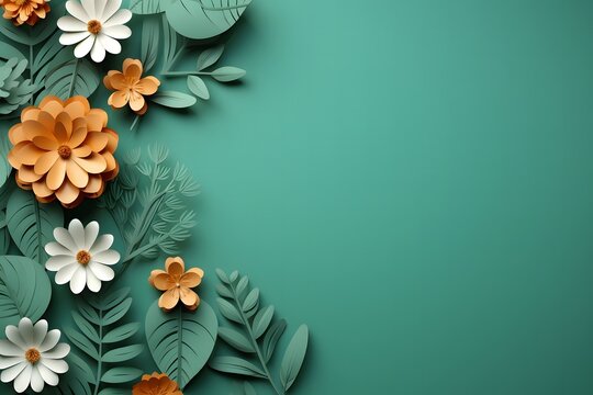 Paper cut flowers on green background with copy space. Mocup, paper art and craft style