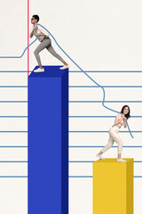 Vertical composite collage illustration of two opponent girls pulling rope company cannot share...