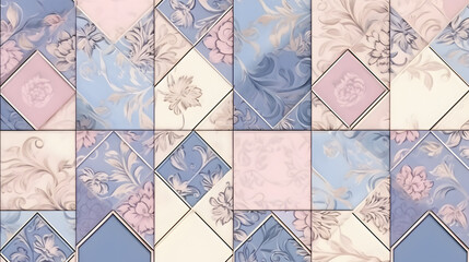 Patchwork seamless pattern from patches with beautiful floral ornaments texture marble. Generative Ai.