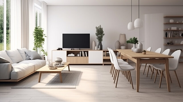 Scandinavian Style Living And Dining Room Living Room, Indoors, Home Interior. generative ai