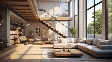 Stylish living room with big sofa, many windows and stairs in amazing apartment. generative ai