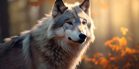  Gray wolf in forest,Sunrise Wolf Stock Illustrations, Dangerous Wolf Images,AI Generative 