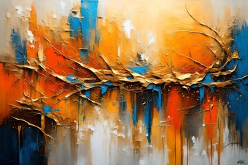 Abstract oil painting. Art painting, mural, modern artwork, paint spots, paint strokes, golden elements, orange, gold, blue, knife painting. Large stroke oil painting