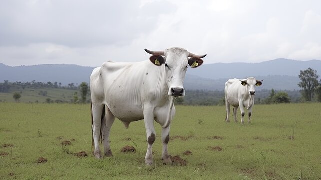 Two cows grazing in field, Birayi, Bujumbura, Burundi, Africa.