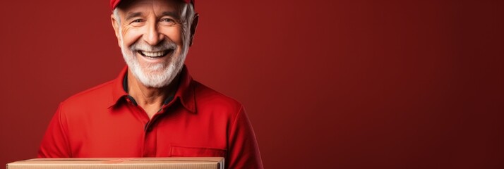 Senior citizen working as a parcel delivery man solid background with empty space for text 
