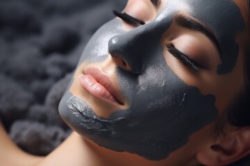 Close-up of a woman's face applying a charcoal detox facial mask relaxing spa background with empty...