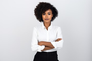 Portrait of black  classy office girl  with curly hair with white background made with AI 