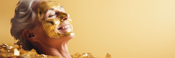 An elderly woman enjoying the benefits of a gold collagen facial mask relaxing spa background with empty space for text 