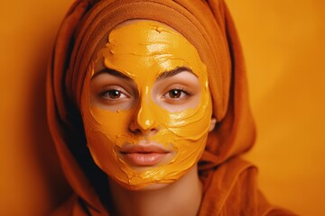 A woman with a headscarf applying a turmeric facial mask for natural skin brightening relaxing spa...