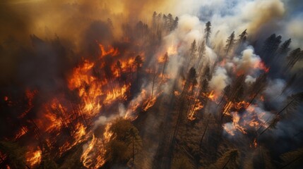 Fototapeta na wymiar Scary forest fire, Aerial view of Forest fire drone view, destruction of nature