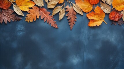 Autumn background as a border with leaves in shades of brown and orange againt a blue slate background