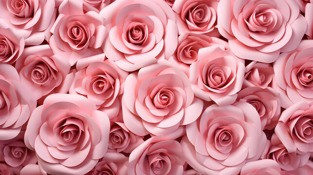 Pink rose paper flowers decorative background. Generative Ai.