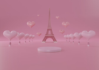 Fototapeta na wymiar Pink podium display love eiffel paris background for product. Heart balloons symbols of love for Happy women's- mother's- valentine's day- birthday. 3d rendering