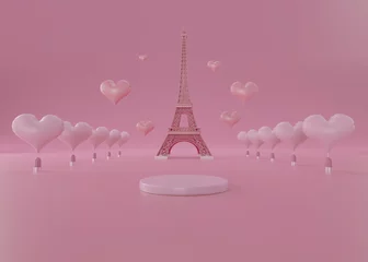 Selbstklebende Fototapeten Pink podium display love eiffel paris background for product. Heart balloons symbols of love for Happy women's- mother's- valentine's day- birthday. 3d rendering © Thossaphon
