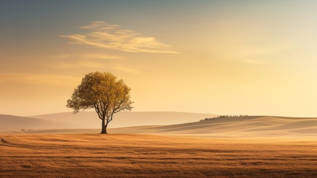 Beautiful landscape with sunset, nature background,Alone tree and wheat field at sunrise , © CStock
