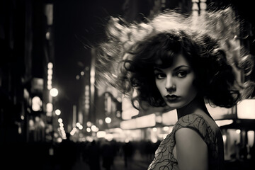Portrait of a beautiful fashionable woman with a hairstyle, in a city street, at night. Disheveled...