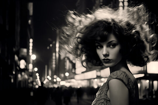 Portrait of a beautiful fashionable woman with a hairstyle, in a city street, at night. Disheveled hair. Black and white photo in style of 1960
