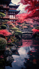 beautiful view of ancient palace gardens in Kyoto Japan created with Generative AI Technology