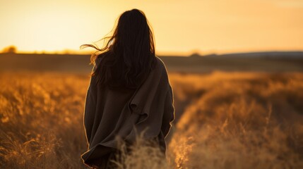 Back view silhouette of unrecognizable female in warm clothes walking alone on dry grassy meadow 