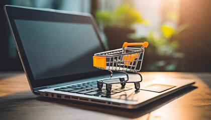 Online shopping concept with miniature shopping cart standing in front of laptop, Generative AI