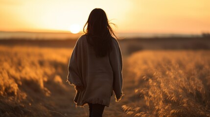 Back view silhouette of unrecognizable female in warm clothes walking alone on dry grassy meadow  - obrazy, fototapety, plakaty