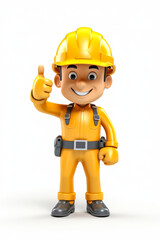 Obraz na płótnie Canvas 3D cartoon render of smiling worker in yellow uniform and helmet with thumbs up