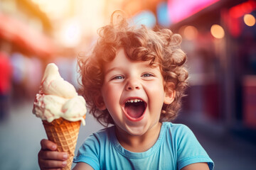 Cute laughing curly little boy holding ice cream cone in his hand