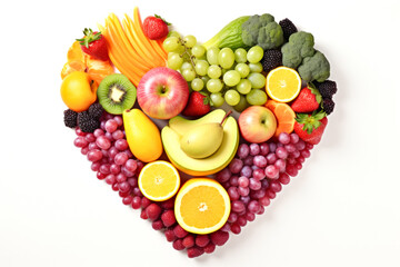 Naklejka na ściany i meble Different kinds of fruits and vegetables laid out on white background in shape of heart