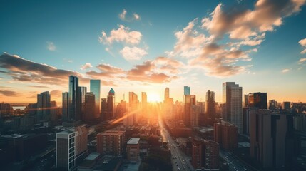 Obraz premium Landscape of a big city with sunrise or sunset, cityscape at sunrise