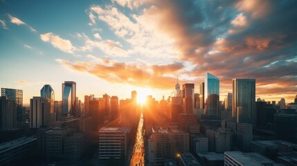 Fototapeta premium Landscape of a big city with sunrise or sunset, cityscape at sunrise