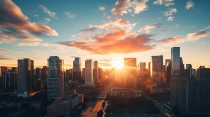 Landscape of a big city with sunrise or sunset, cityscape at sunrise