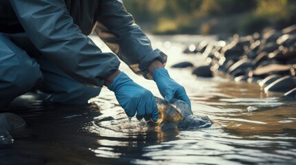 Close up, gloved hands, A Scientist analyzes the water of a river. 
