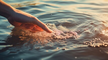 Close-up of hands with water in the lake, woman's hands with water surface - obrazy, fototapety, plakaty