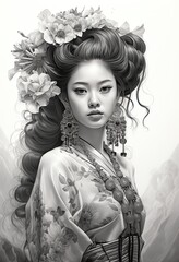 pencil drawing portrait of beautiful Asian girl in traditional clothes. High quality photo