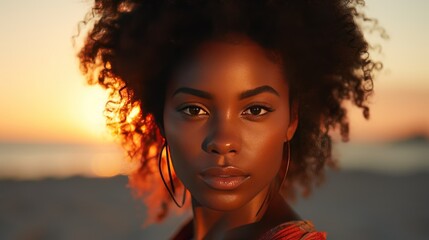 Close up portrait of young woman, black skin, looking at the camera at the beach with the sunset