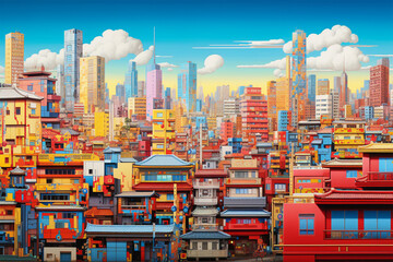 illustration of a developed city view in Japan - obrazy, fototapety, plakaty