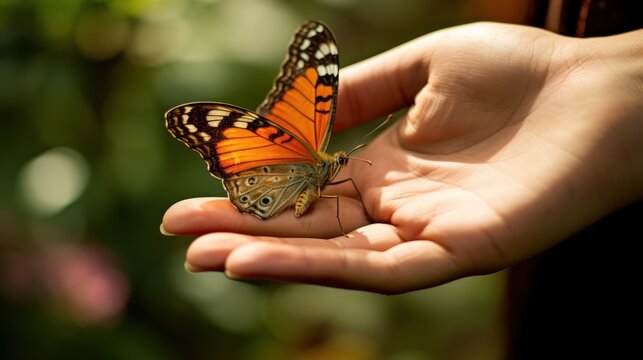 Environment concept, beautiful butterfly on woman's hand, ecosystem
​
