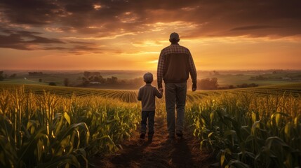 Fototapeta premium Farmland with sunset, farmer and his child walking in farmland