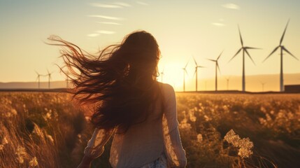 The back of a woman with long hair blowing in the wind during a beautiful sunset