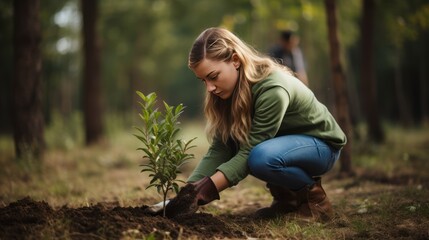 Obraz premium Teenagers and nature, teenagers planting trees in the park, volunteers and nature