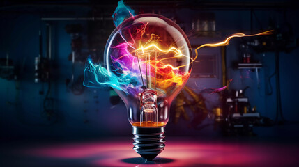 creative light bulb blooms with colorful paint and splashes on a black background
